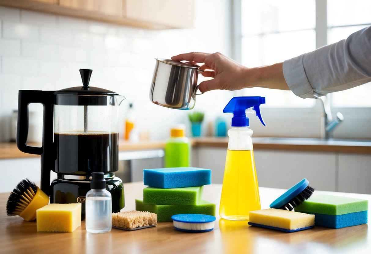 En hand som sträcker sig efter en kaffepress, omgiven av olika rengöringsmedel som borstar, svampar och rengöringslösning